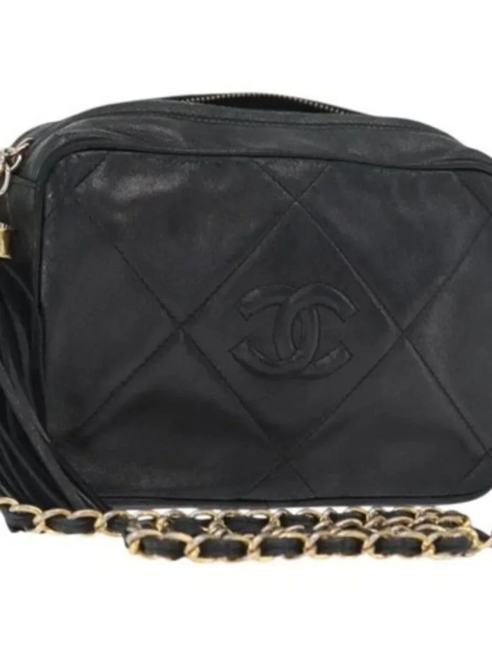 CHANEL Matelasse Chain Shoulder Bag Lamb Skin Black Gold CC Auth BA8251